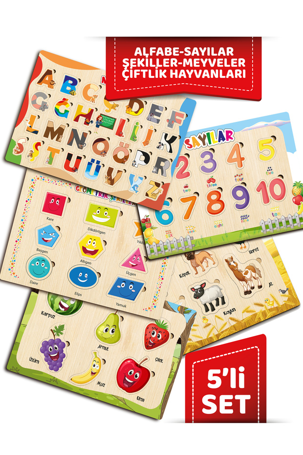 Wooden Educational Tutorial Cute Set of 5 Alphabet Numbers Shapes Vegetables Animals 5 Pieces