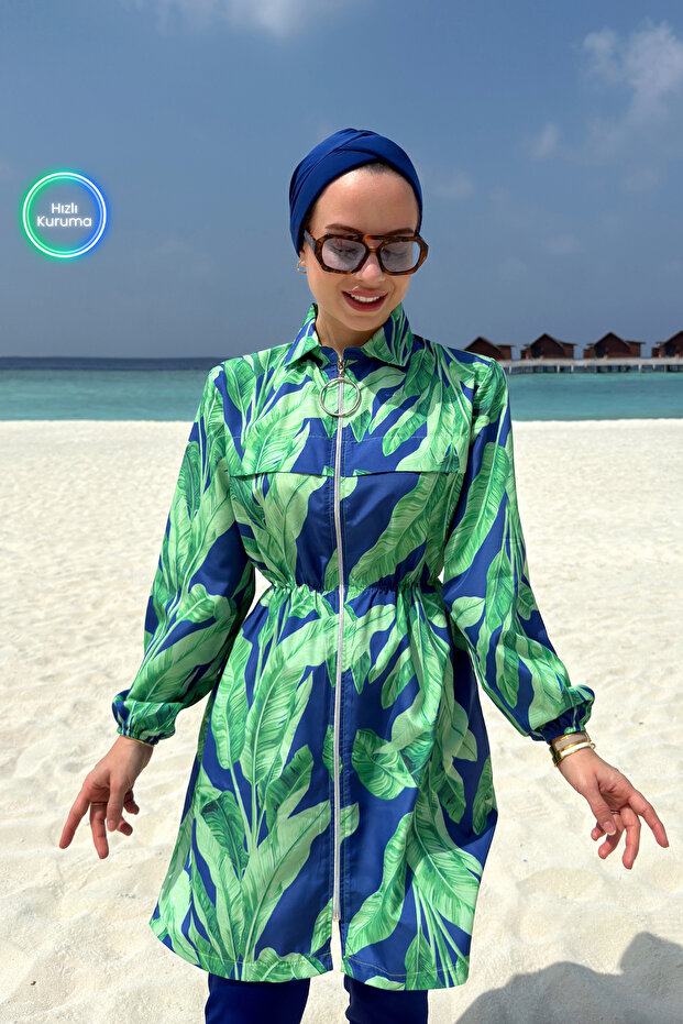 Palm Fully Covered 2-Piece Hijab Swimsuit - Green