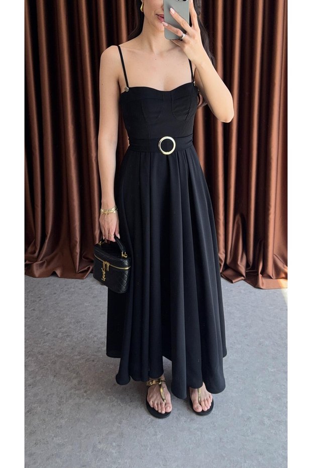 Brand Equivalent Women's Belted Black Long Black Dress with Drops