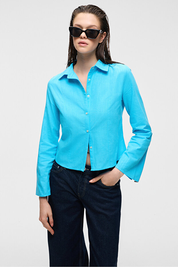 Makayla Women Linen Long Sleeve Regular Fit Blue Shirt