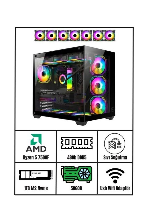 RMT1905 RYZEN 5 7500F | RTX 5060 Ti | 1TB M.2 SSD | 48GB DDR5 RAM | Sıvı Soğutmalı RGB Gaming PC - 1
