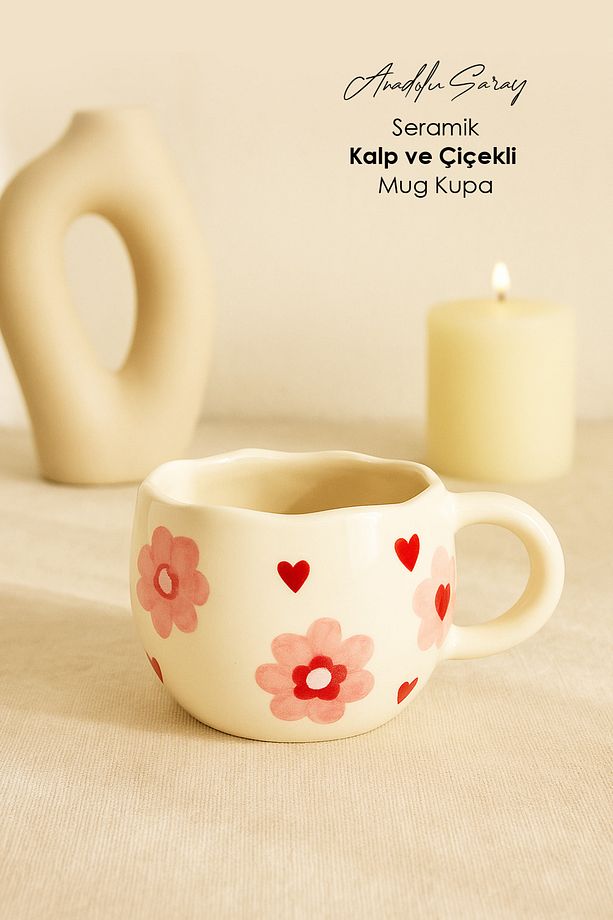 El Yapımı Seramik Kalp ve Çiçekli Mug Kupa Fincan  | Mug Fincan Kupa Kahve Kupası - 1