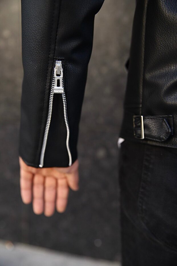 Slim Fit Biker Deri Ceket - 4