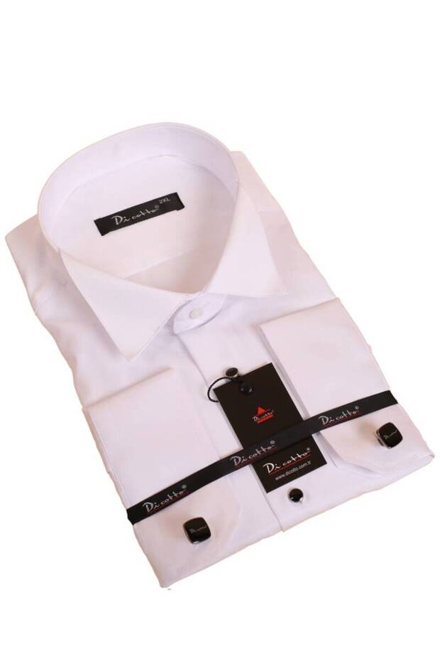 White Plus Size Black Stone Buttoned Groom Suit Stand Collar Cufflinks Slim Fit Tuxedo Shirt - 090