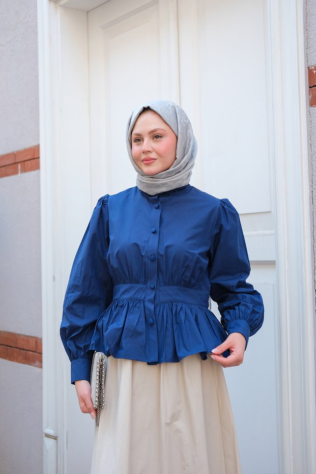 Women's Waist Shirring Detailed Shirt Navy Blue