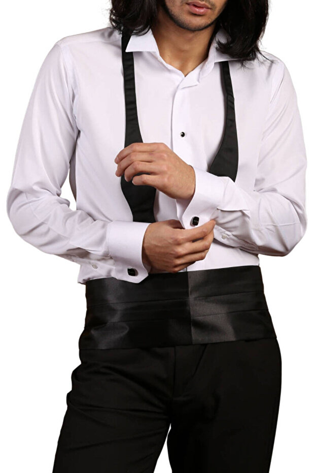 White Extra Long Sleeve 8 Drop Groom Suit Ata Collar Slim Fit Tuxedo Shirt with Cufflinks - 013