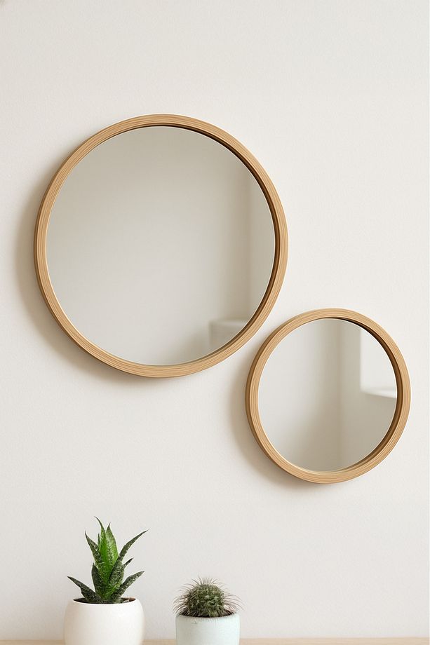 2’li İskandinav Ahşap Çerçeveli Yuvarlak Ayna Seti 39 cm & 27 cm – Minimal Dekor - 3