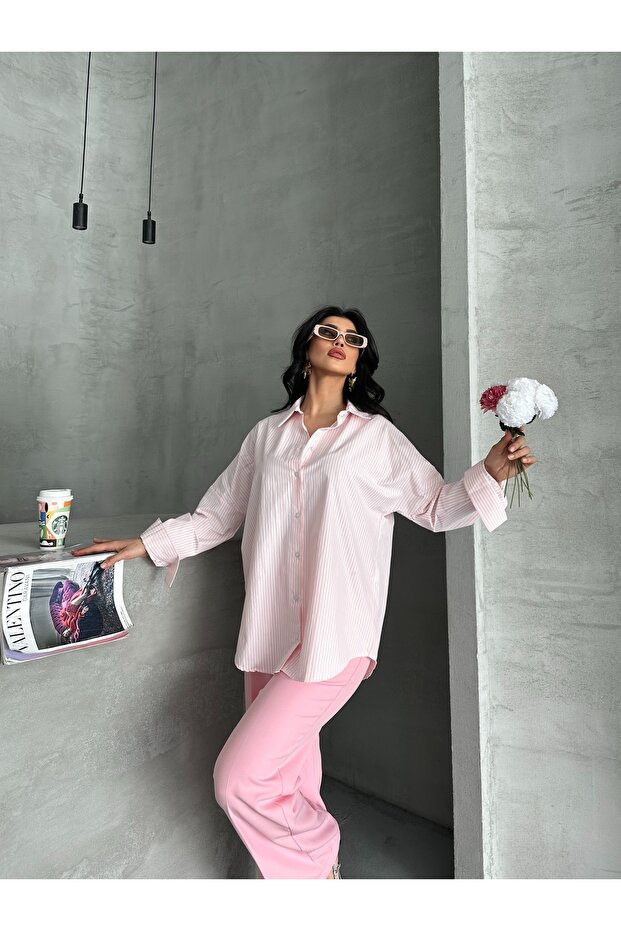 çizgili poplin gömlek - 1