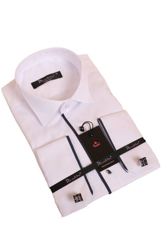 White Navy Blue Single Breasted Groom Suit with Stand Collar and Cufflinks Slim Fit Tuxedo Shirt - 028