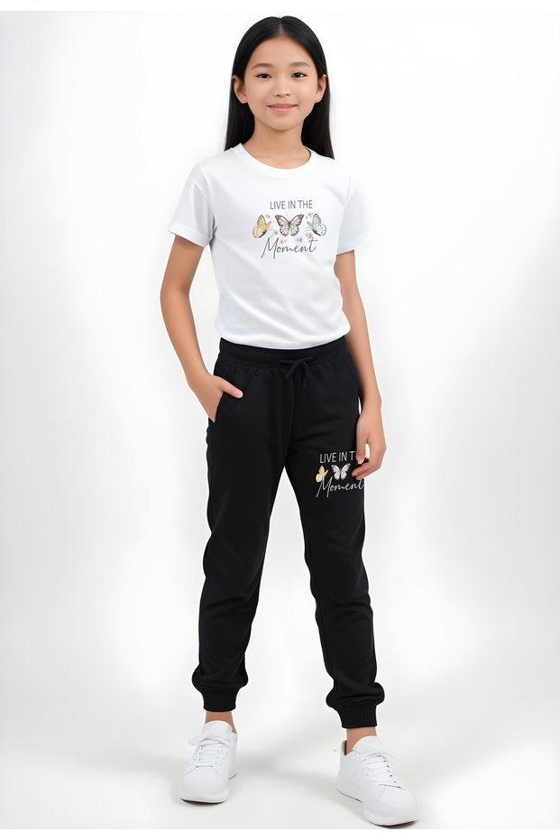 Girl's Printed Live Butterfly Waist Detail Elastic Bottom Pjamas Suit