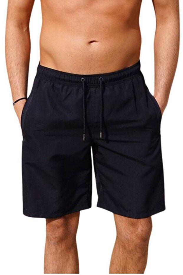 Navy Blue Long Model Water Repellent Solid Color Men's Beach Swim Shorts Swimsuit - 2203-Navy Blue