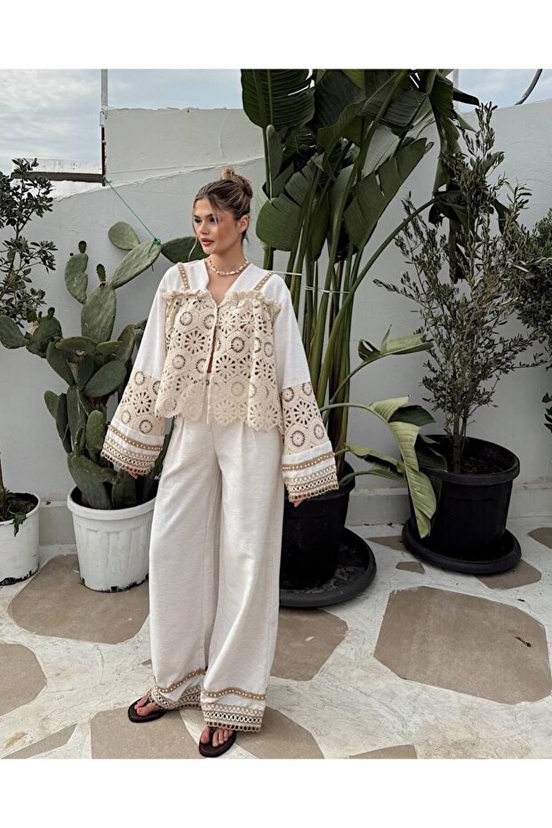 Premium Design Guipure Pearl Embroidered Lace Linen Shirt Loose Wide Leg Pants Set
