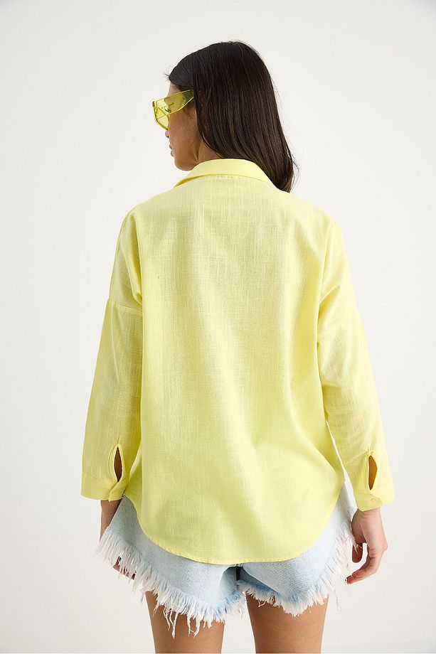 Kadın Tek Cepli Oversize Keten Gömlek 25626 60284054 - 7