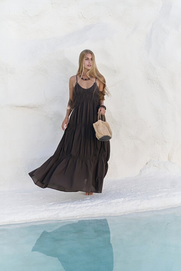 Dozza Askılı Kahve Uzun Elbise - 2