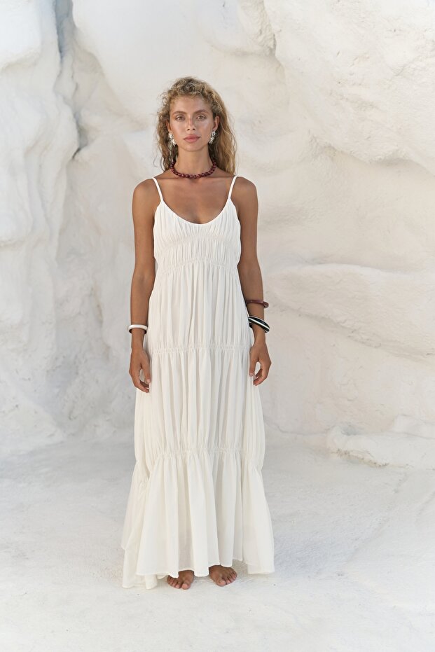 Dozza Askılı Ekru Uzun Elbise - 2