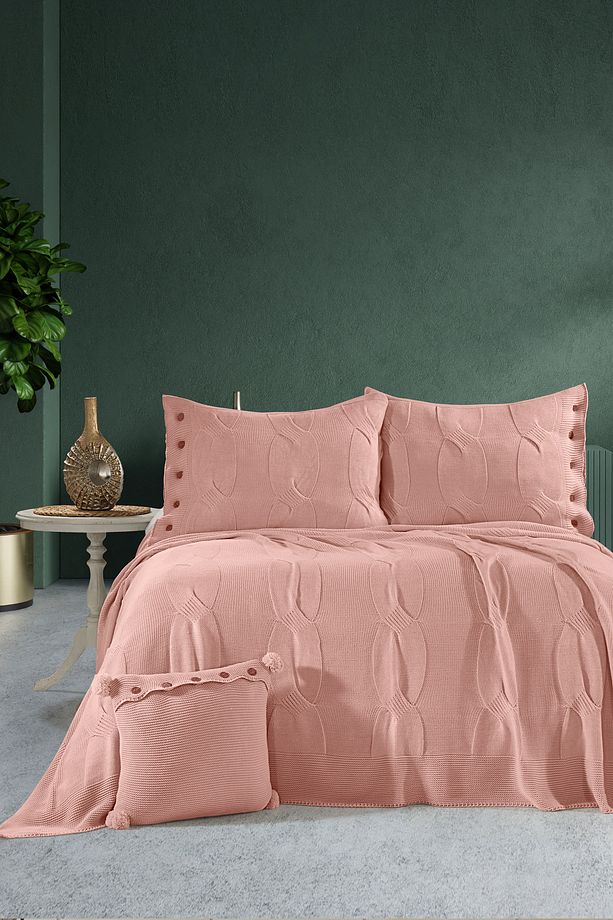 Calve Çift Kişilik Triko Yatak Örtüsü Seti 240 x 260 cm Pudra - 1