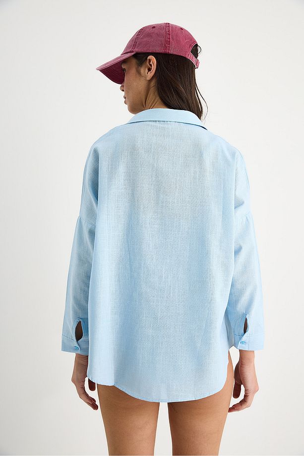 Kadın Tek Cepli Oversize Keten Gömlek 25626 60284054 - 8