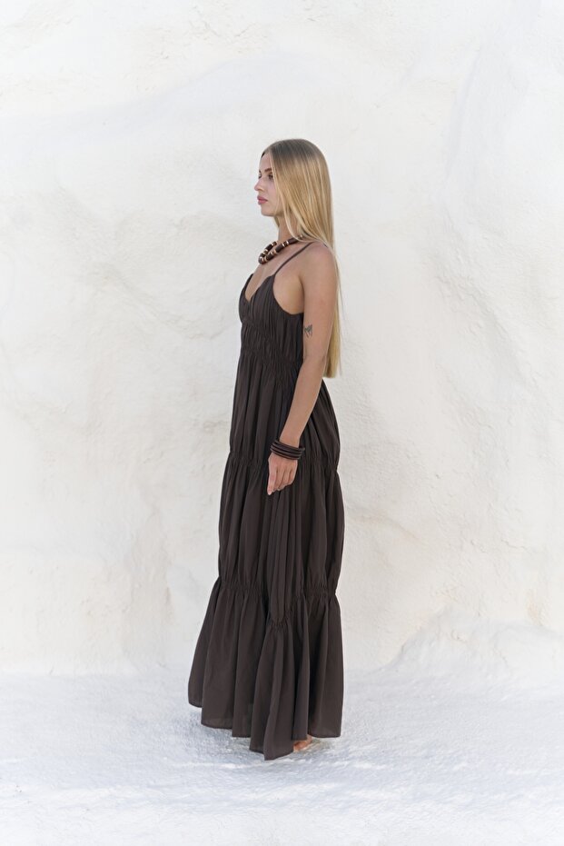 Dozza Askılı Kahve Uzun Elbise - 4