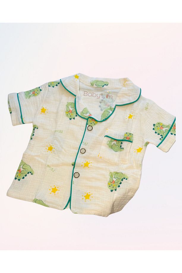 Müslin Kumaş %100 Pamuk Çocuk Pijama Takımı Sevimli Dinazor Desenli 100-110CM 3,5-5 Yaş / Kısa Kollu - 2