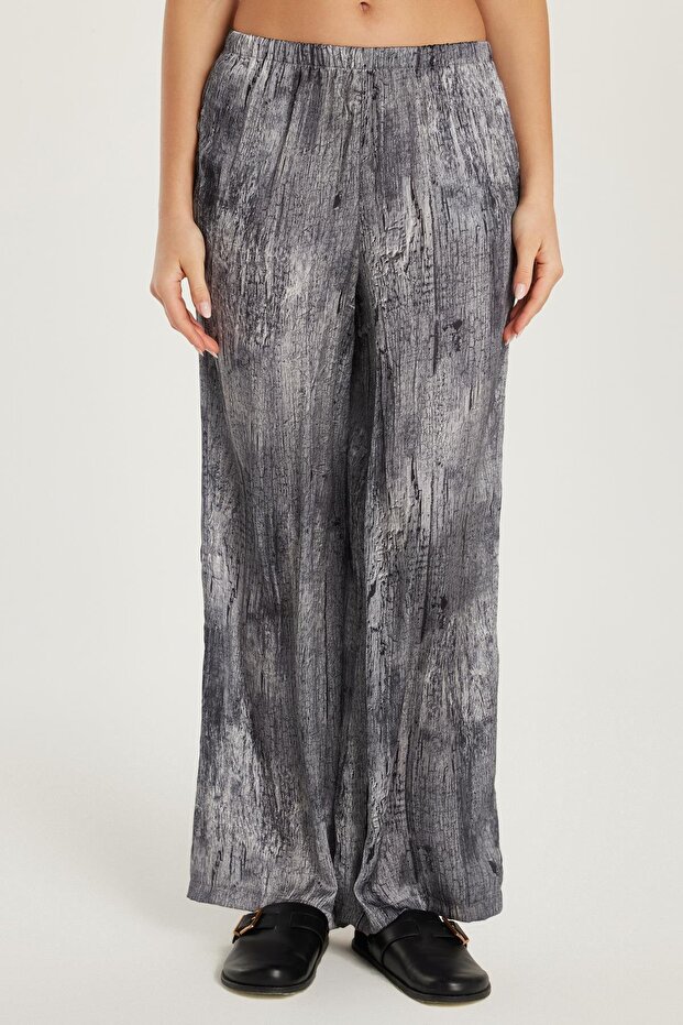 Women's Slim Fit Elastic Printed Wide Leg Black Trousers