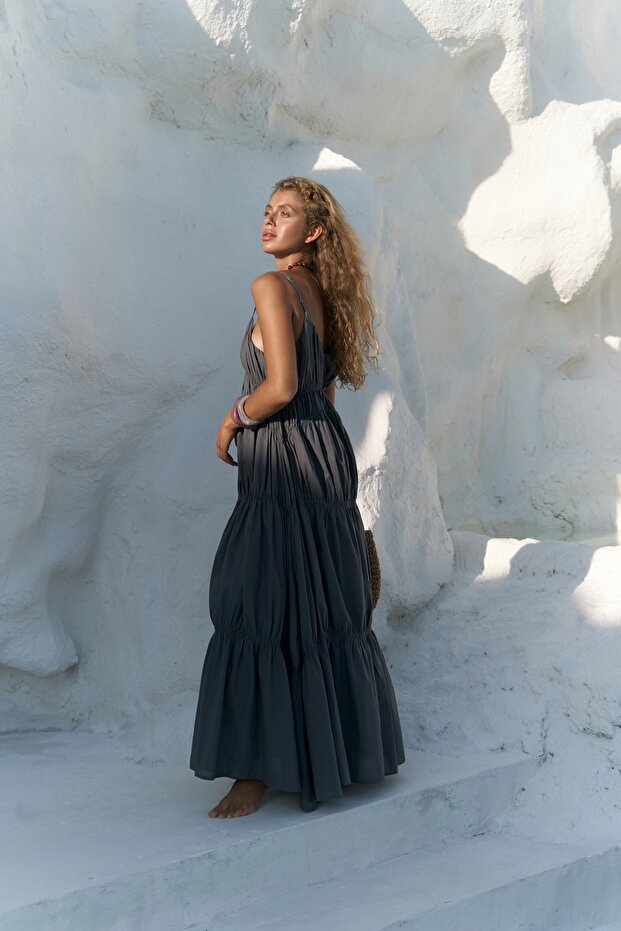 Dozza Askılı Antrasit Uzun Elbise - 4