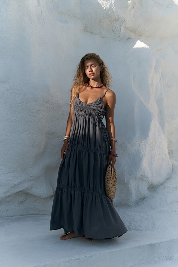 Dozza Askılı Antrasit Uzun Elbise - 1