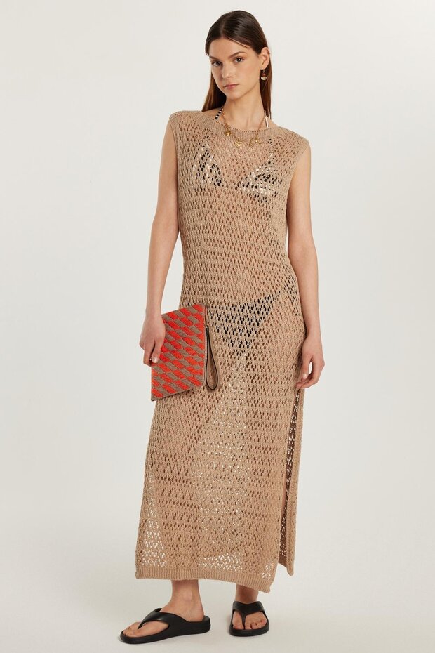 Women's Standard Fit Acrylic Frize Knitted Patterned Sausage Collar Beige Beach Dress