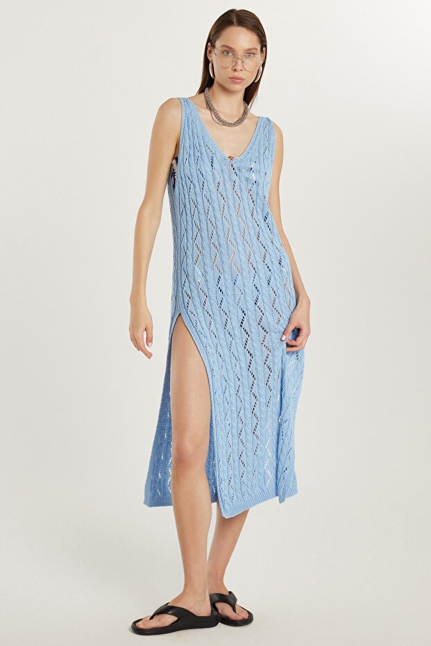 Women's Standard Fit Acrylic Knitted Patterned V-Neck Strap Blue Beach Dress