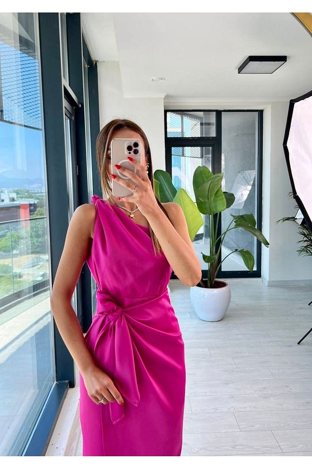Pembe Tek Kol Saten Midi Elbise - 3
