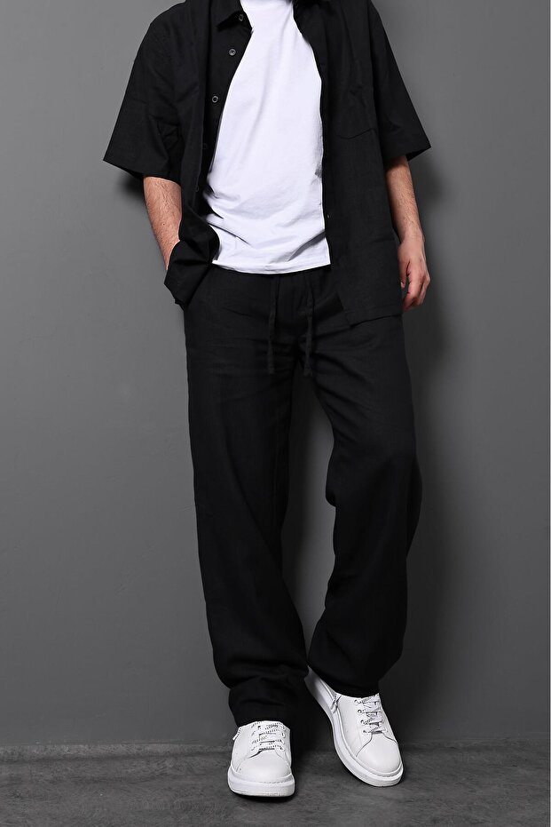 Men's Black 100% Raw Linen Baggy Trousers