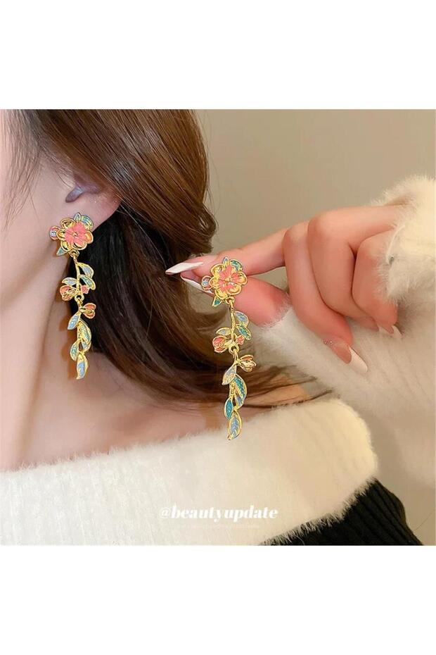 Orange Green Floral Branch Earrings