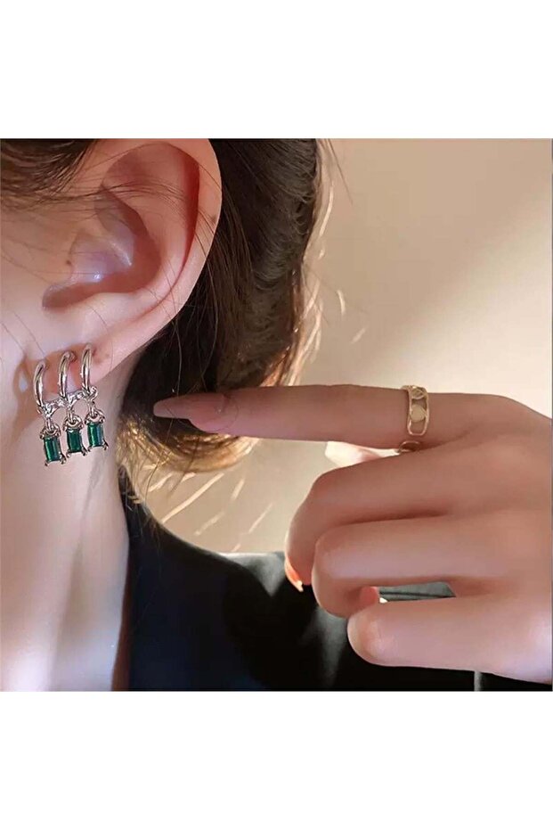 Green Hanging Stone 3 Piece Hoop Earrings