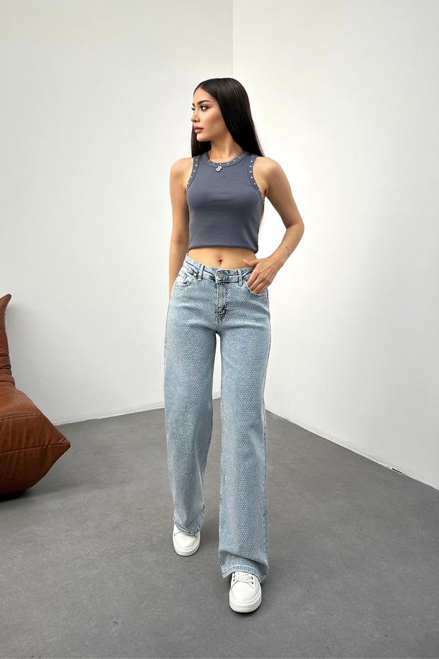 Kadın Buz Mavi Yüksek Bel Mini Taşlı Likralı Straight Jean - 8