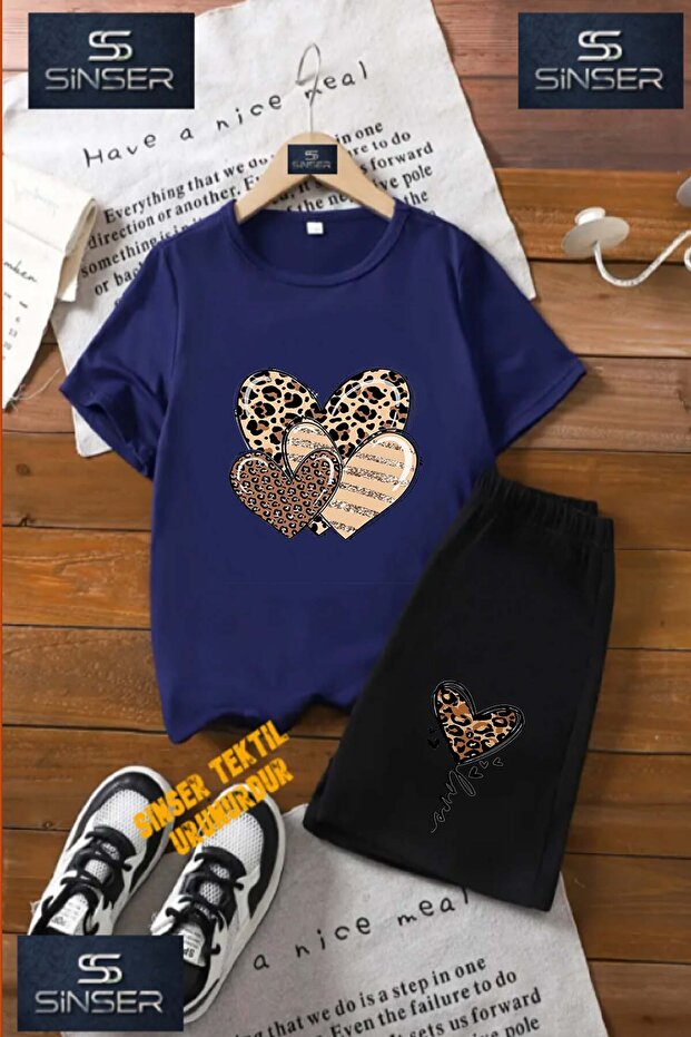 Children's "Hearts Leopard" Custom Printed Crew Neck T-Shirt - Shorts Set