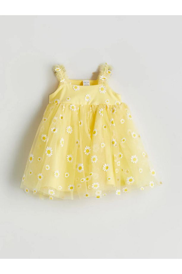 LCW baby Sari Kare Yaka Çiçekli Kız Bebek Elbise - 1
