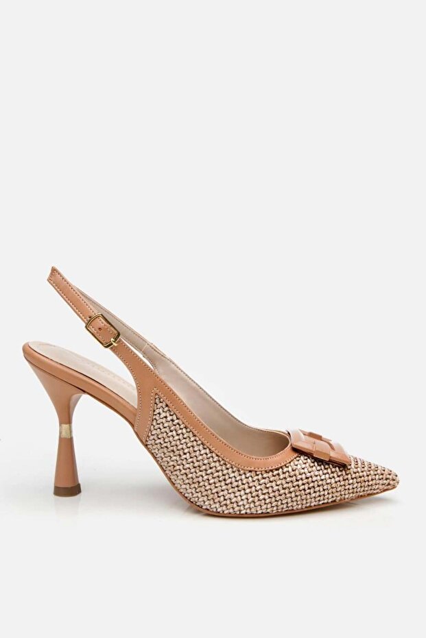 Women's Beige Straw Detailed Open Back Heeled Shoes