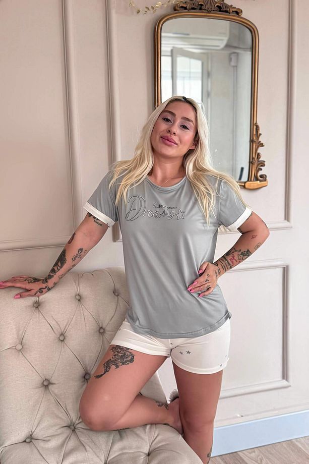 Ekru Dreams Desenli Bambu Kısa Kol Kadın Şortlu Pijama Takımı - 5