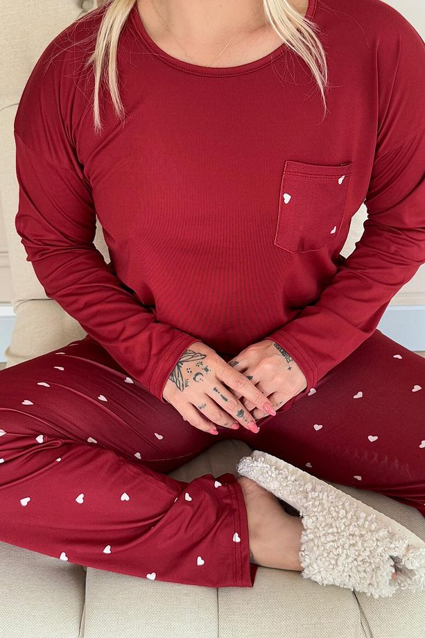 Bordo Kalp Desenli Bambu Uzun Kol Kadın Pijama Takımı - 6