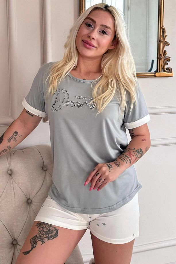 Ekru Dreams Desenli Bambu Kısa Kol Kadın Şortlu Pijama Takımı - 1