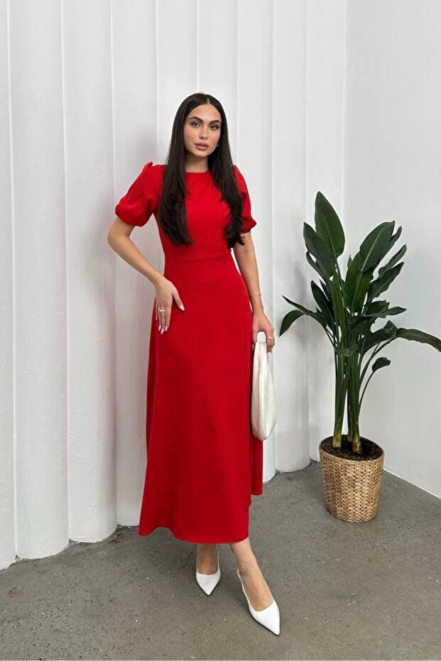 Balon Kol Midi Kloş Varyete Elbise - 3