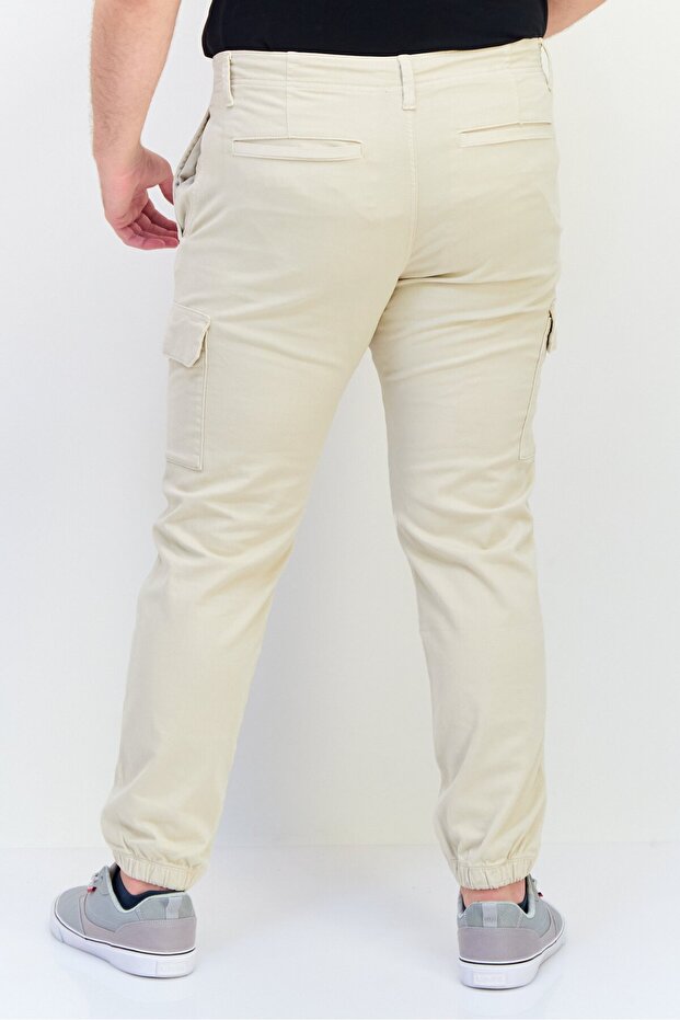 Men Regular Fit Solid Cargo Pants, Beige - 3