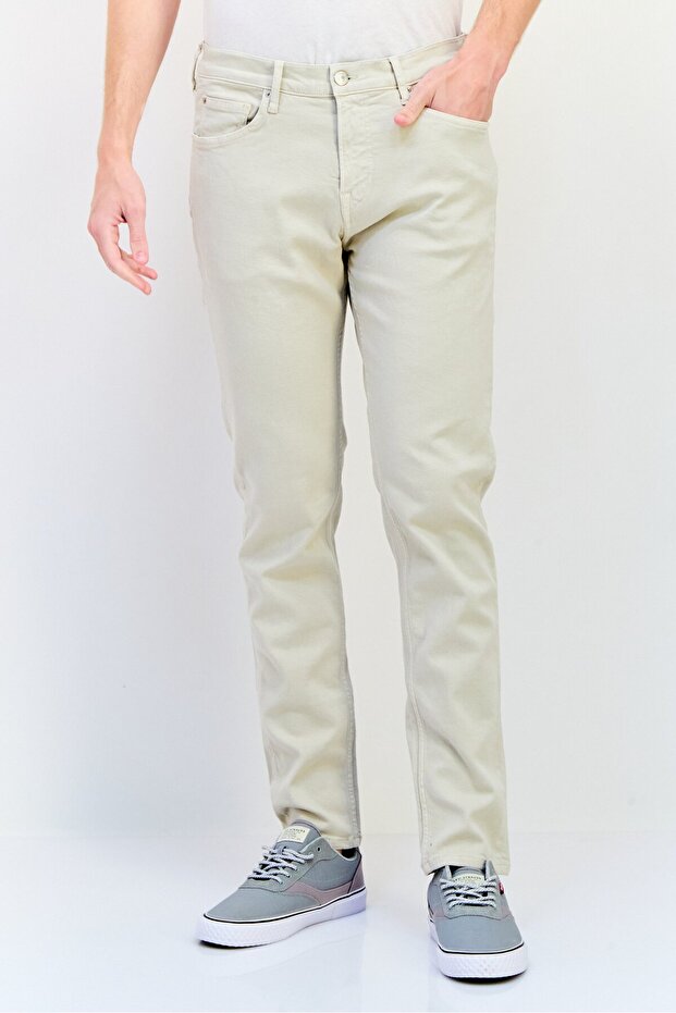 Men Slim Fit Solid Stretchable Solid Jeans, Beige - 1