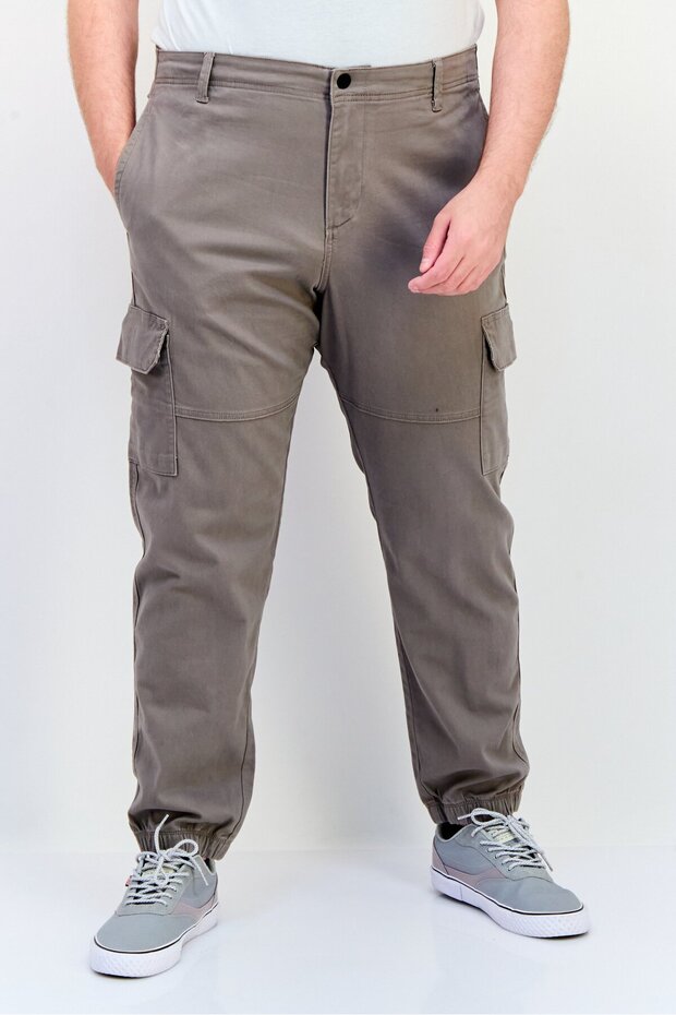 Men Regular Fit Solid Cargo Pants, Taupe - 1
