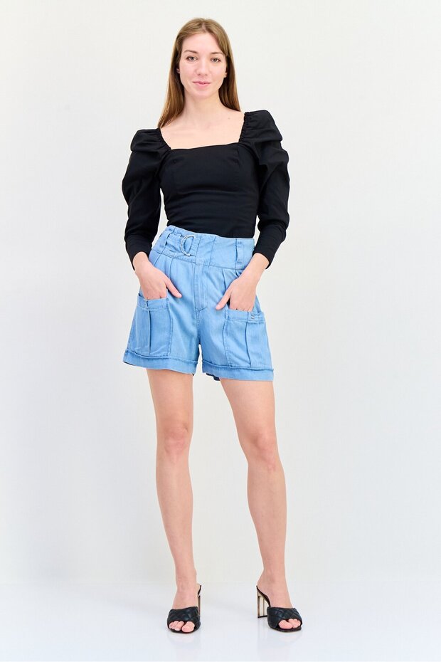 Women Washed Basic Shorts, Light Blue - 3