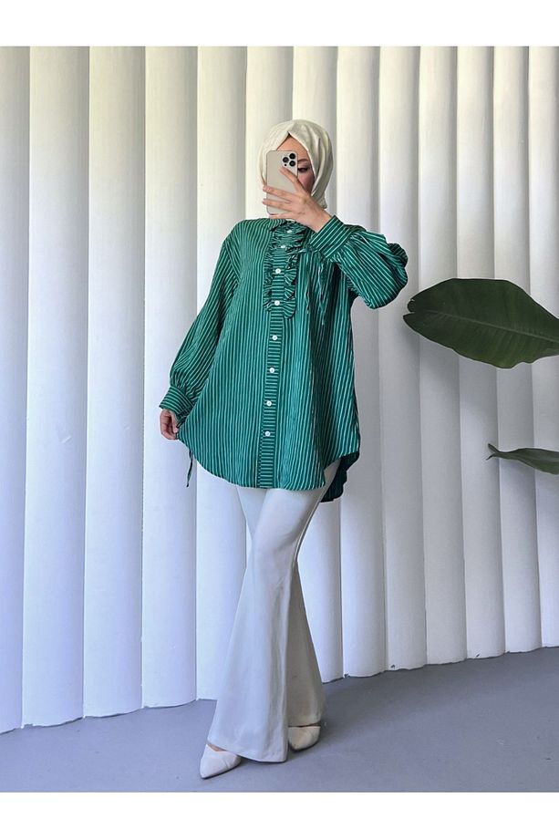 Kolu Bağcıklı Önü Fırfırlı Çizgili Gömlek Tunik -Zümrüt - 6