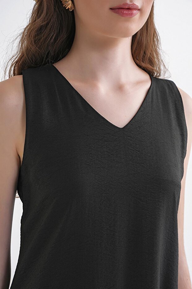 4694 Kadın Cepli V Yaka Uzun Basic Elbise Siyah - 6