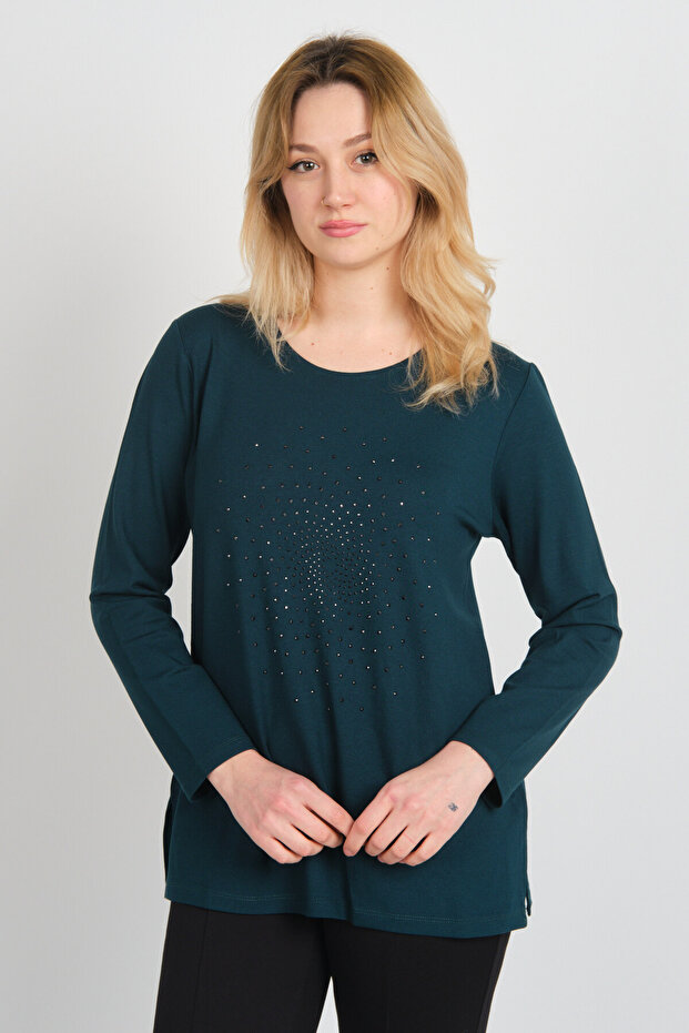 Women's Side Slits Stone Embroidered Long Sleeve Mother Blouse 5703 Emerald