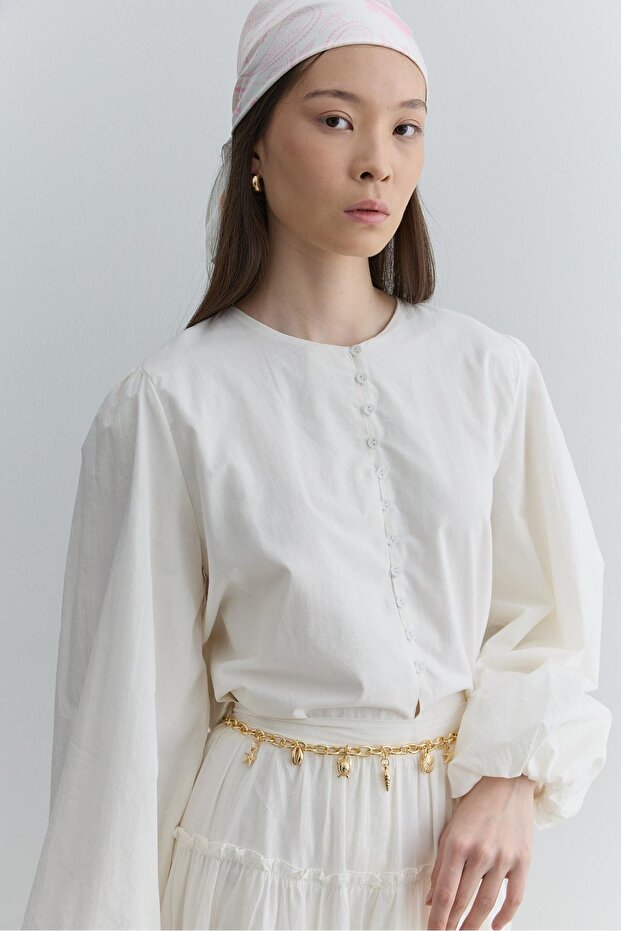 Brit Düğmeli Üst Beyaz - 6