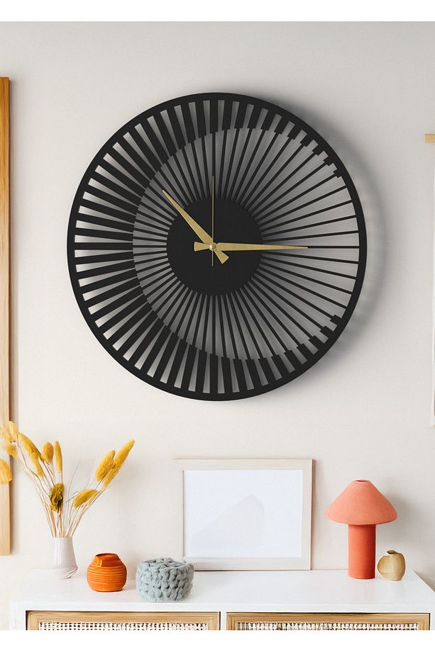 Siyah Dekoratif Ahşap Duvar Saati - Modern Minimalist Çizgisel Tasarım 48cm - 3