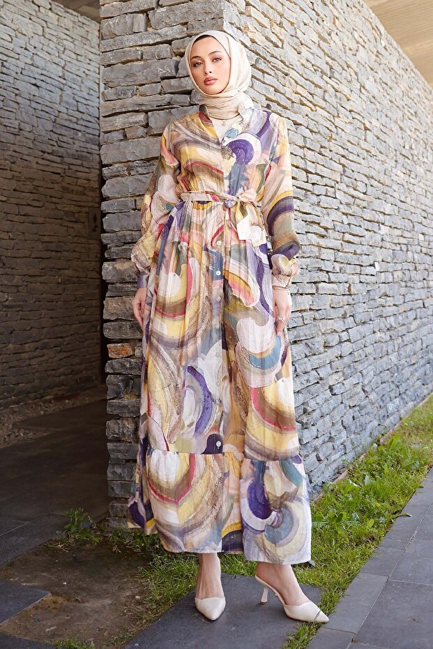 Patterned Hijab Dress Khaki 4884